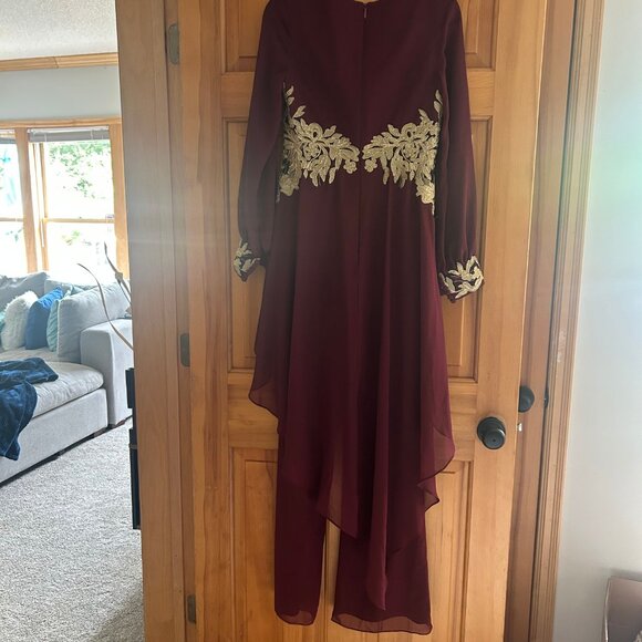 Formal Burgundy with Gold Jump/Pant Suit - Picture 2 of 3